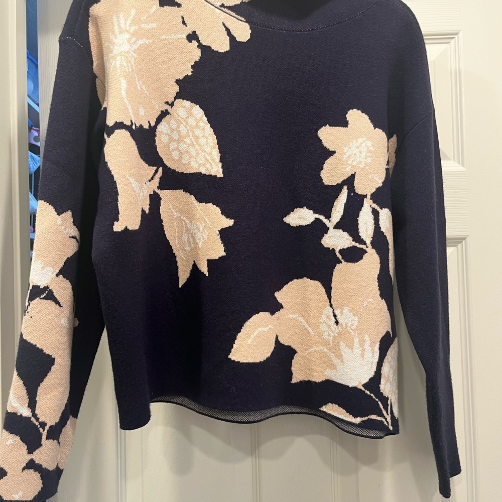 Anthropologie Floral Patterned Navy and Cream Sweater